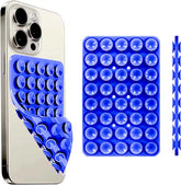 hands-free phone holder with a blue adhesive design on a smartphone for secure phone use