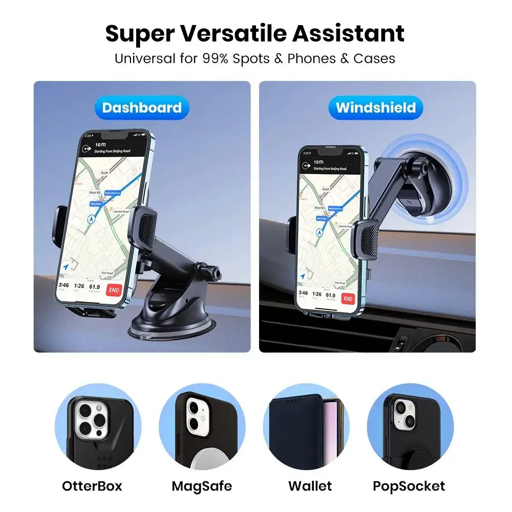 TOPK Puhelinteline Autoon - Voimakas Imukoukku Kojelaudalle mounted on dashboard and windshield with phone navigation.