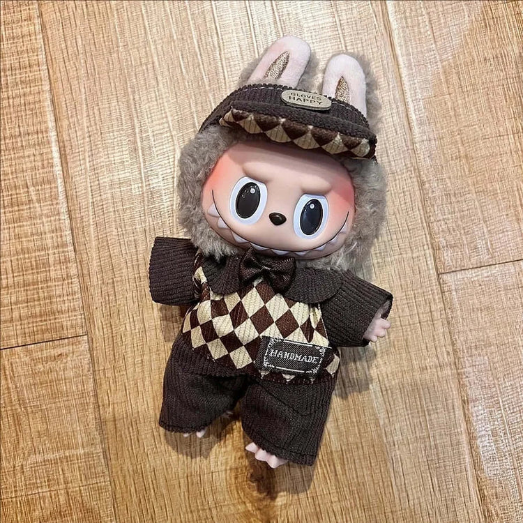 Labubu doll clothes 17cm on a cute doll wearing a stylish casual outfit with bunny ears and a checkered design.