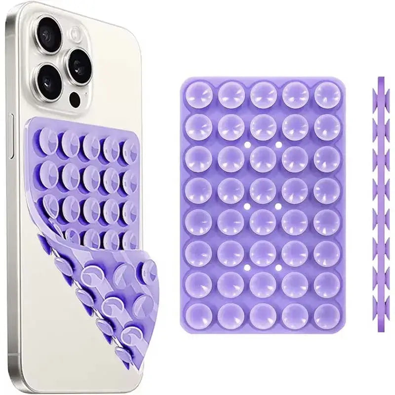 hands-free phone holder with purple suction cups for easy attachment and versatility on mobile devices.