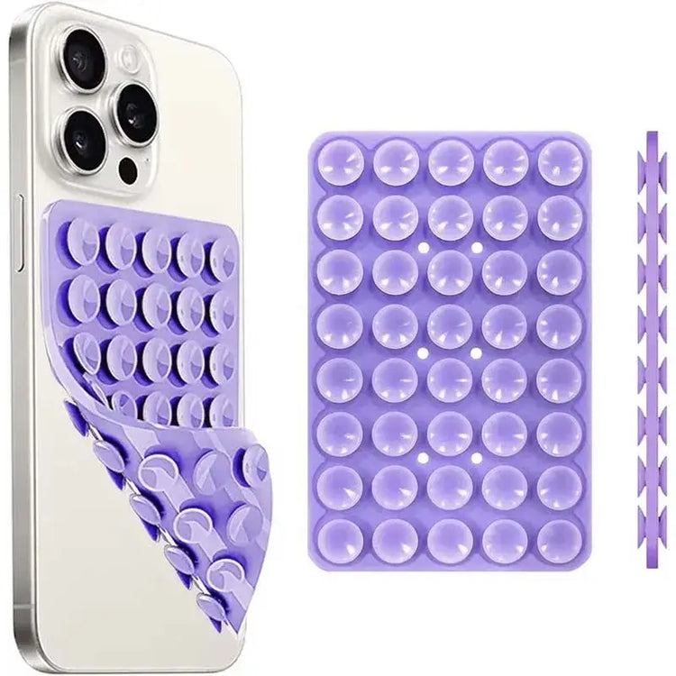 hands-free phone holder with purple suction cups for easy attachment and versatility on mobile devices.
