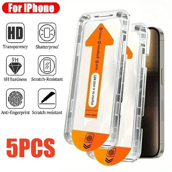 8K screen protector for iPhone featuring HD clarity, shatterproof durability, and 5-pack design for enhanced protection.