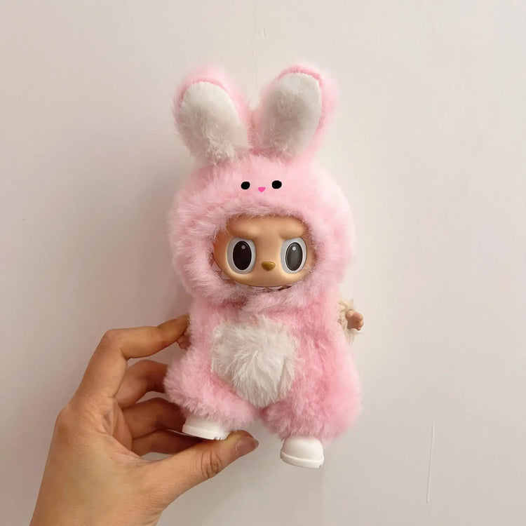 Labubu doll clothes 17cm - cute pink bunny outfit on a doll, showcasing soft fabric and adorable design.