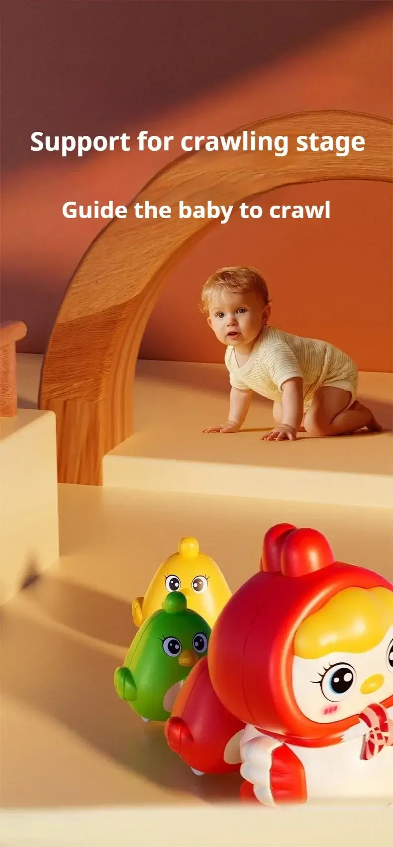 Vetolelu Tipu & Kana - Magneetti Ryömivä Lelu Lapsille with a baby crawling near colorful toys
