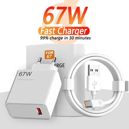 67W USB fast charger for smartphones with charging cable and box, 99% charge in 30 minutes.