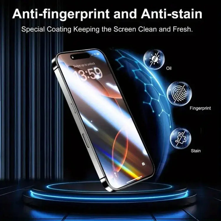 8K screen protector for iPhone showcasing anti-fingerprint and anti-stain features, keeping the screen clean.