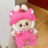 Labubu doll clothes 17cm on a cute pink doll featuring bunny ears and a cheerful expression.