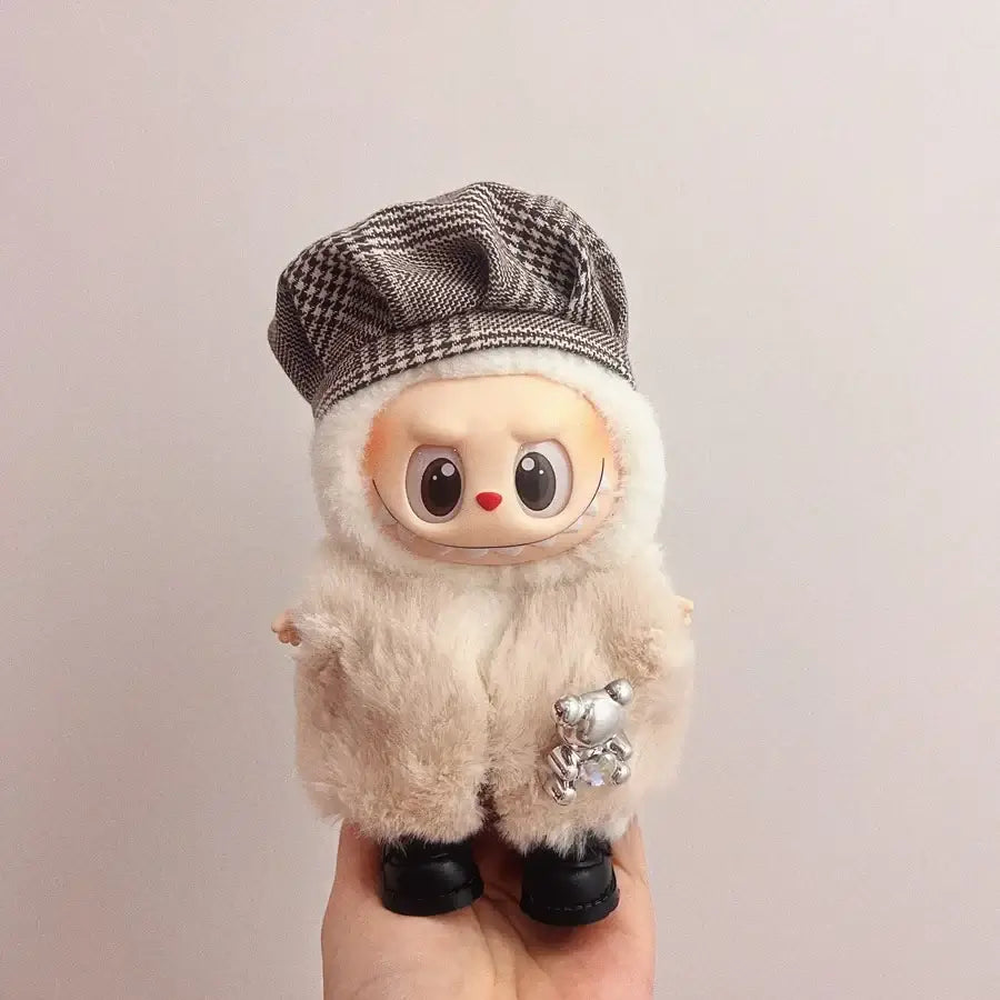 Adorable Labubu doll dressed in warm outfit with a hat, featuring the stylish Labubu doll clothes 17cm.