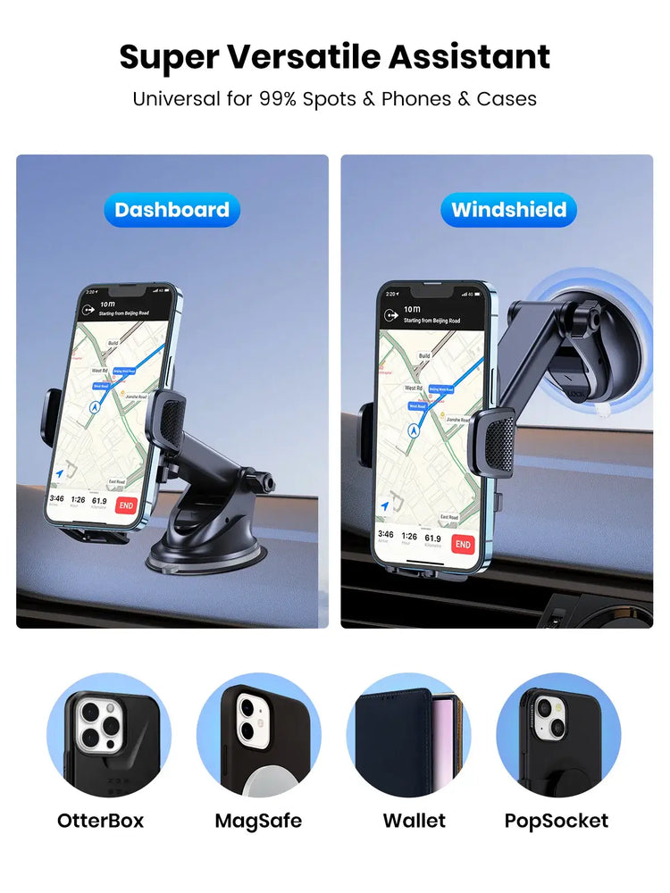 TOPK Puhelinteline Autoon - Voimakas Imukoukku Kojelaudalle showcasing its versatility on dashboard and windshield.