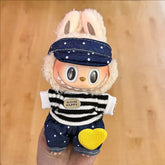 Labubu doll clothes 17cm on a cute doll wearing a striped shirt and blue jeans with a cap and bunny ears.