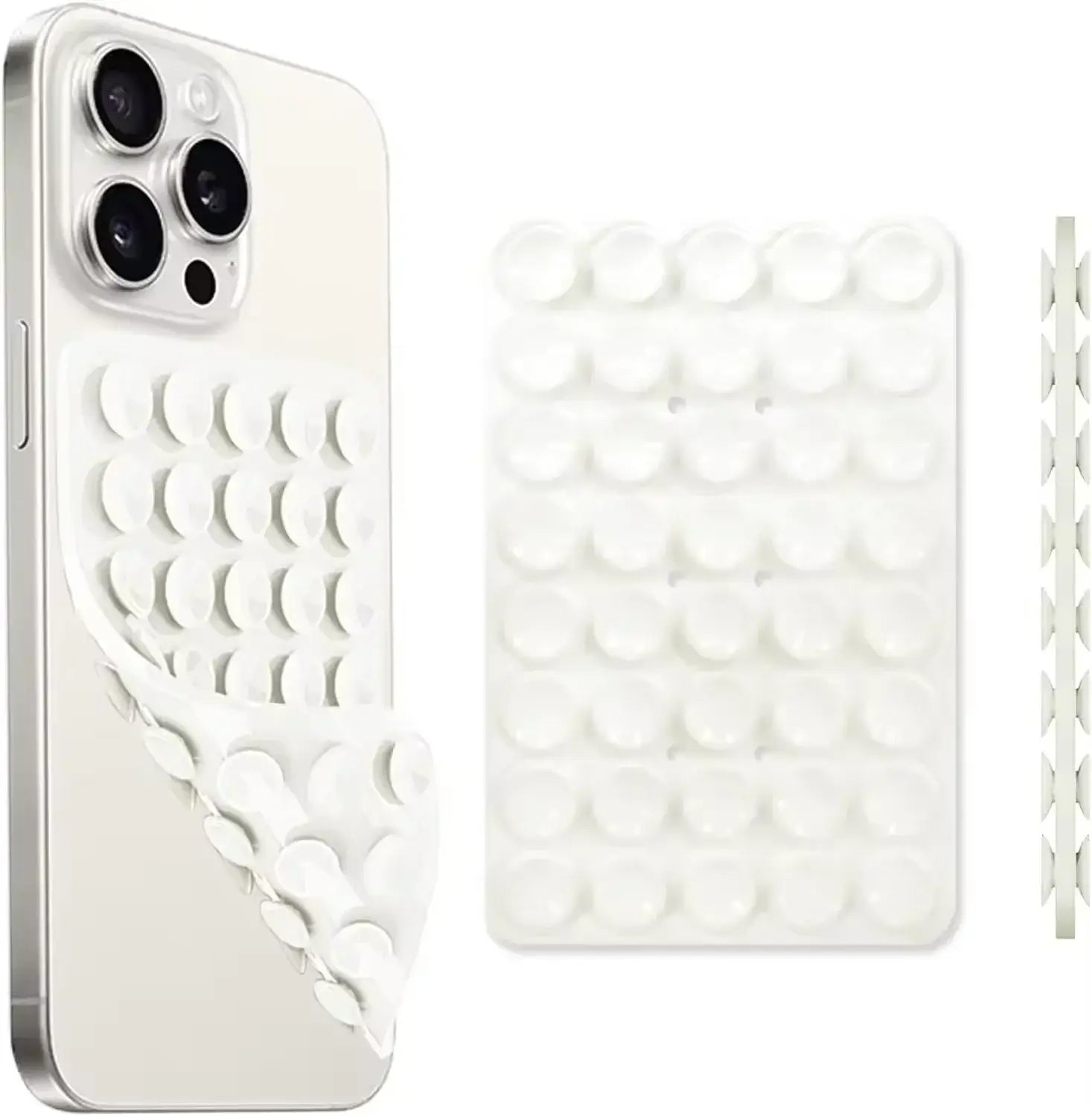 Hands-free phone holder with bubble design for easy gripping and protection on a smartphone.